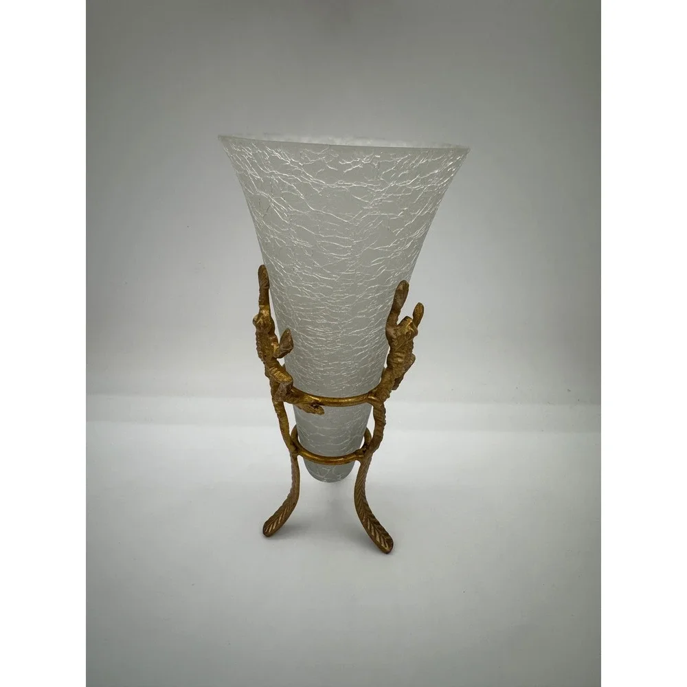 Vintage Crackle Glass Trumpet Vase Brass Frog Tripod Stand Made in India 8
